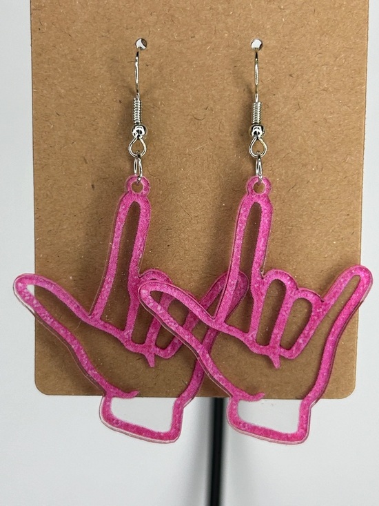 Fashion Jewelry Jewelry - Pink ASL Hand Dangle Earrings - Women Fashion Jewelry